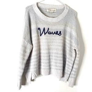 Vintage Havana Blue White Grey Stripe Wave Knit Sweater Rib Neck